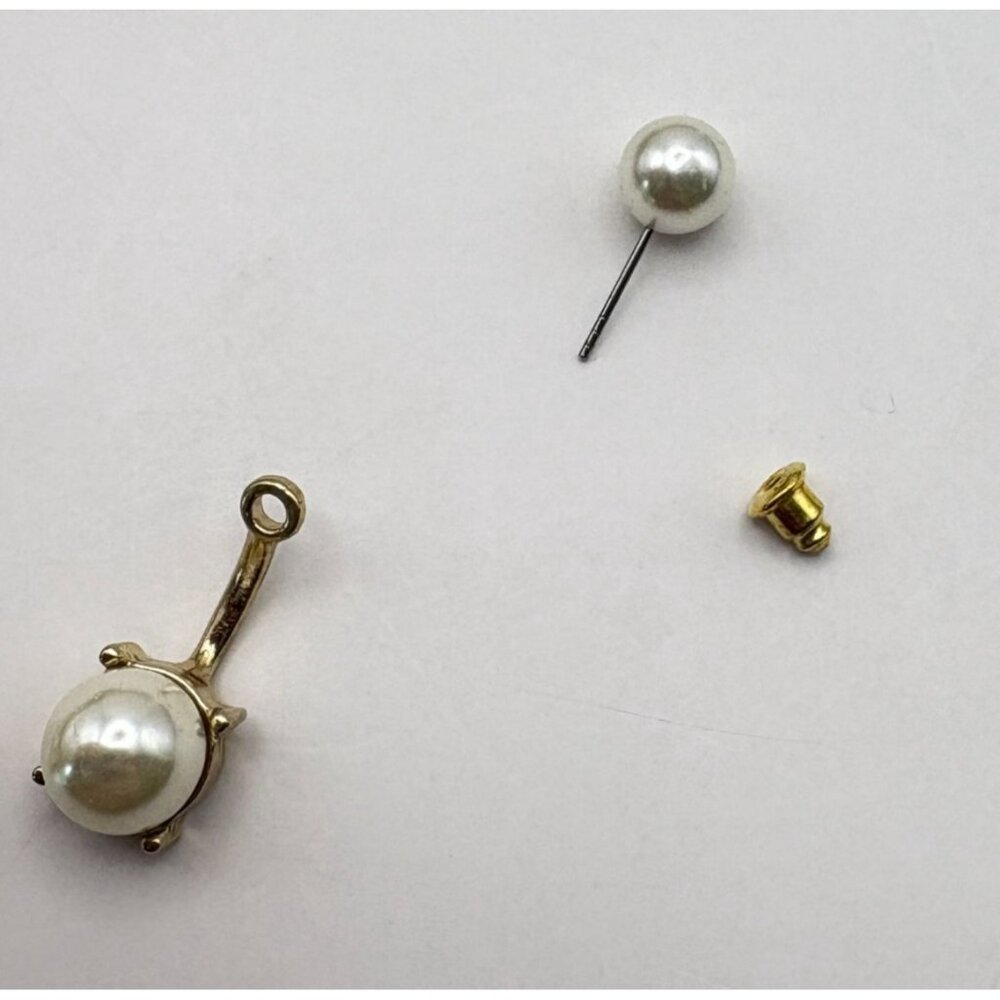 Faux Pearl Gold Tone Double Drop Earrings Classic Elegant Style - Picture 4 of 6